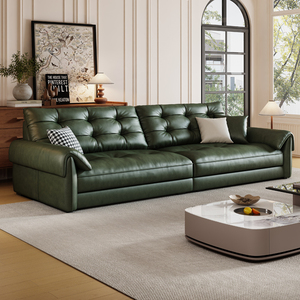 意式极简真皮沙发客厅中古风美式轻奢墨绿色直排油蜡头层牛皮沙发