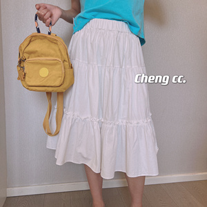 韩国。夏季新款全棉少女蛋糕白色半身裙 带防走光内裤的小白裙