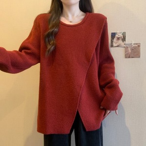 大码女装中长款新年红色毛衣秋冬季胖mm不规则针织打底衫显瘦上衣