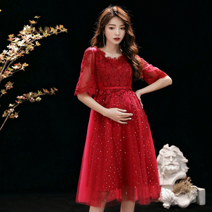 孕妇结婚敬酒服高腰遮肚子大码胖mm酒红色新娘回门礼服夏季红裙女