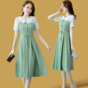 夏季条纹拼接连衣裙女长款夏天气质小清新超仙青春遮肚显瘦裙子夏