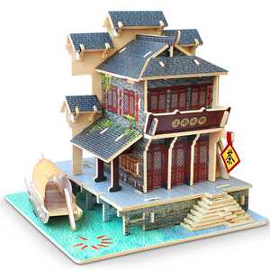 江南水乡徽派中国风古建筑积木质手工模型成人立体拼图装3玩具