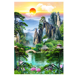 仙堂画竖版堂口山水画人间仙境无活物壁画暗堂墙贴小桥亭子风景画