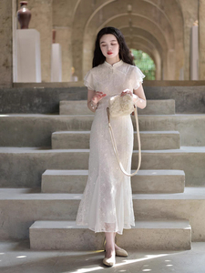 大码女装新中式改良重工刺绣旗袍鱼尾胖mm显瘦订婚结婚日常连衣裙