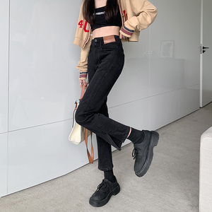 黑色开叉直筒牛仔裤女2022年新款高腰宽松显瘦小个子烟管裤子微喇