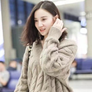 盛装宋佳陈开怡同款灰色麻花毛衣休闲宽松时尚v领针织衫上衣女潮