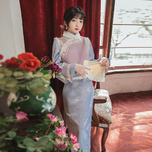 民国风小洋装复古女装学生年轻款秋冬季连衣裙改良马甲旗袍两件套