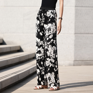 印花阔腿裤女高腰垂感水墨画黑白花裤子夏薄款冰丝雪纺2022年新款