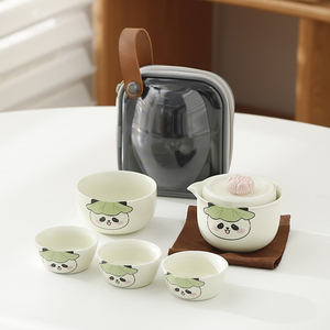 卡通陶瓷熊猫旅行茶具套装户外便携式快客杯露营泡茶壶茶叶罐茶盘