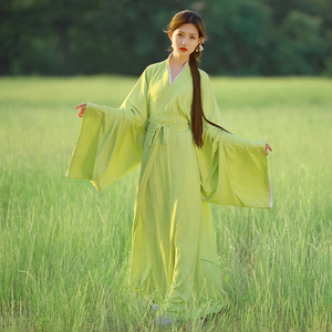 绿色汉服女款魏晋交领齐腰古装清新淡雅超仙气飘逸古风连衣裙秋装