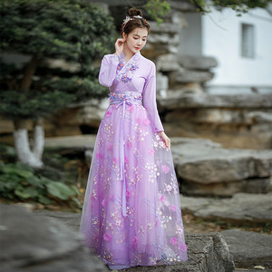 汉服女古装飘逸超仙气中国风古风襦裙舞蹈演出服装紫色连衣裙套装