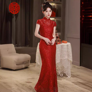 红色改良新中式新娘旗袍敬酒服结婚2024新款主持人礼仪礼服裙夏季