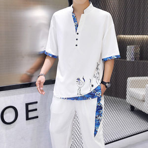 中国风短袖T恤男套装夏季时尚潮流休闲唐装上衣搭配长裤一套汉服
