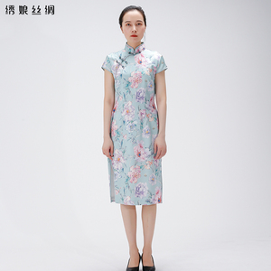 绣娘丝绸真丝连衣裙桑蚕丝旗袍女装春秋短袖 芙蓉含雪旗袍