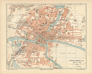 外国复古画芯 哥尼斯堡地图 1890年代古董石印版画欧洲地理装饰