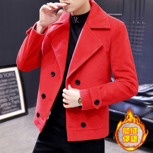 短款个性翻领风衣男士帅气潮流红色呢子外套冬季加绒加厚毛呢夹克