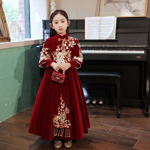 女童红色礼服公主裙小女孩国风钢琴演出服长袖儿童高端主持人冬季