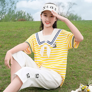 初中生套装女夏季学生条纹短袖七分裤两件套少女夏装14岁女孩t恤
