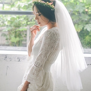 新娘结婚领证拍照双层遮面素纱短头纱旅游拍韩式插梳网头纱现货