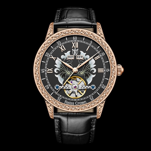 瑞斯皇冠手表reiss crown 黑金游艇  机械镂空皮表带腕表