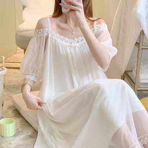 蕾丝吊带睡裙女性感纯欲风网纱仙女公主风宫廷一字肩睡衣裙连衣裙