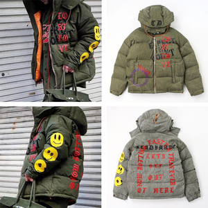 gman复古布水洗readymade风格字母笑脸刺绣羽绒服可卸帽男女外套