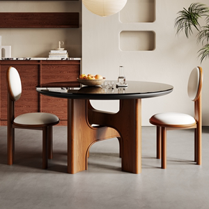 中古钢化玻璃餐桌椅家用法式复古胡桃色橡木实木设计师圆形饭桌子