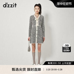 dzzit地素长袖针织连衣裙春秋新款小香风千鸟格提花设计裙子女