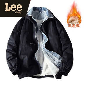lee ddeep假两件牛仔外套男秋冬ins拼接夹克韩版羊羔绒加厚棒球服