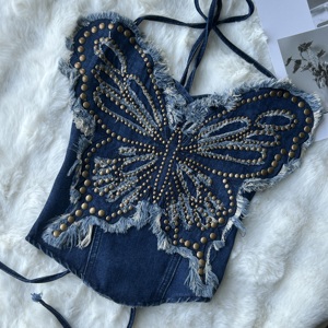 蓝色重工蝴蝶钉珠流梳吊带夏季女绣花短款修身显瘦上衣