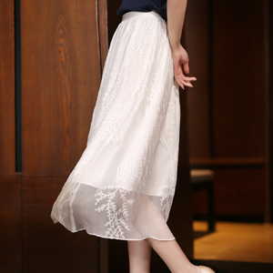白色超仙真丝半身裙女春秋夏新款设计感小众高腰显瘦中长款网纱裙