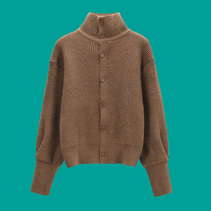 复古日系小高领口卡其色毛衣女秋冬宽松外穿慵懒内搭打底针织开衫