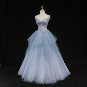 蓝灰色晚礼服显瘦学生艺考演出毕业舞会派对演出气质年会晚宴主持