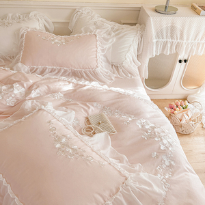 公主风床裙四件套花边床罩全棉法式蕾丝粉色少女心床品刺绣被套