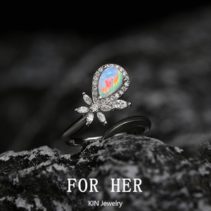 满钻纯银S925戒指女小众设计高级感镶嵌天然欧泊石指环轻奢精致
