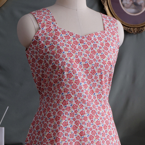 【60年代套装】粉红色古着感简约a字夏日全棉碎花背心无袖连衣裙