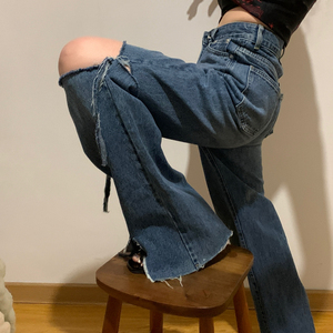 【diamondcola】自制单宁高腰破布条前后镂空割破毛须直筒牛仔裤