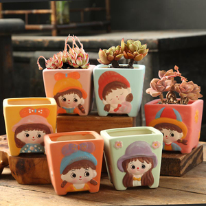 彩绘手绘可爱卡通人物娃娃多肉花盆陶瓷特价清仓创意个性透气
