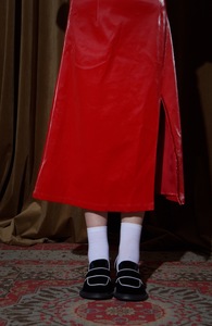 SECFLY【福禄寿禧】红色皮裙开衩显白长裙半身高腰拉链性感新年