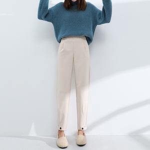 毛呢裤女秋冬九分米色直筒