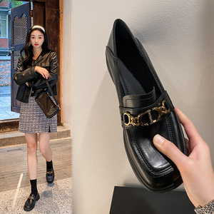 小皮鞋女2022年新款复古英伦风搭配金属乐福鞋气质黑色真皮单鞋潮