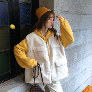 秋冬季新款韩版宽松连帽卫衣 百搭无袖羊羔毛马甲加厚外套女潮ins