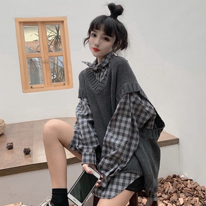 早秋款女网红套装原宿风ins百搭气质穿搭轻熟针织马甲衬衫两件