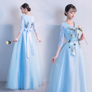 古典舞优雅中袖礼服合唱团演出服女长裙大人蓝色大合唱高贵晚礼服