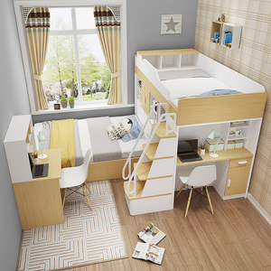 上床下桌小户型高低床双层儿童成年多功能带书桌柜大人两层高低床