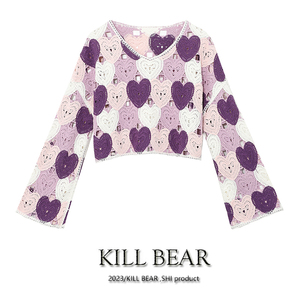 Kill Bear 2023新款甜美宽松爱心图案拼色镂空针织衫毛衣外套女潮