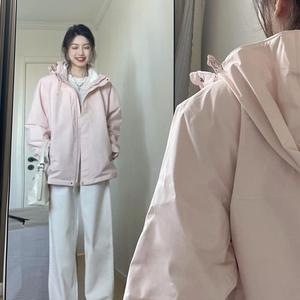 韩国粉色冲锋衣外套女冬季新款宽松小众加绒加厚棉袄羊羔毛两面穿