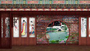 戏曲古代古典屏风美女拱门圆形门彩绘高清led大屏幕舞台背景图片