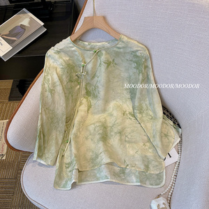 小个子新中式醋酸衬衫女夏季2024新款国风盘扣缎面绿色八分袖上衣