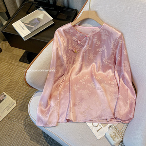 新中式粉色衬衫2024春款女装新款长袖提花中国风古装盘扣醋酸上衣